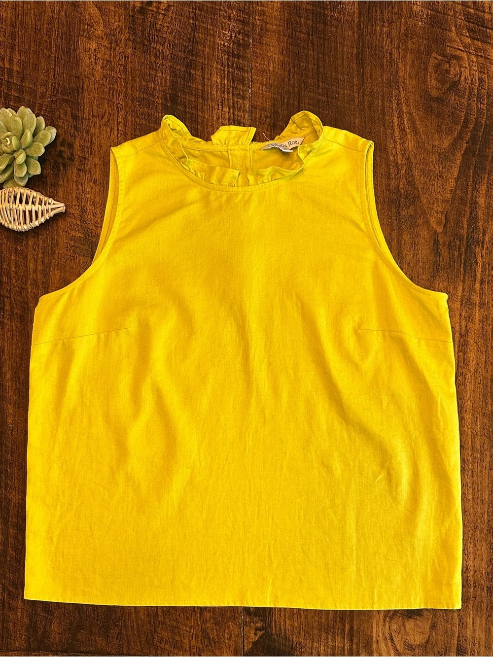 Ophelia Roe | Chartreuse Ruffle High Neck Linen Blend Sleeveless Top, Size M